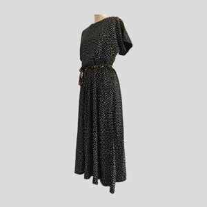 Vintage 1980s Black Polka Dot Pleated Short Sleeve Midi Dress, Womens Size M/L